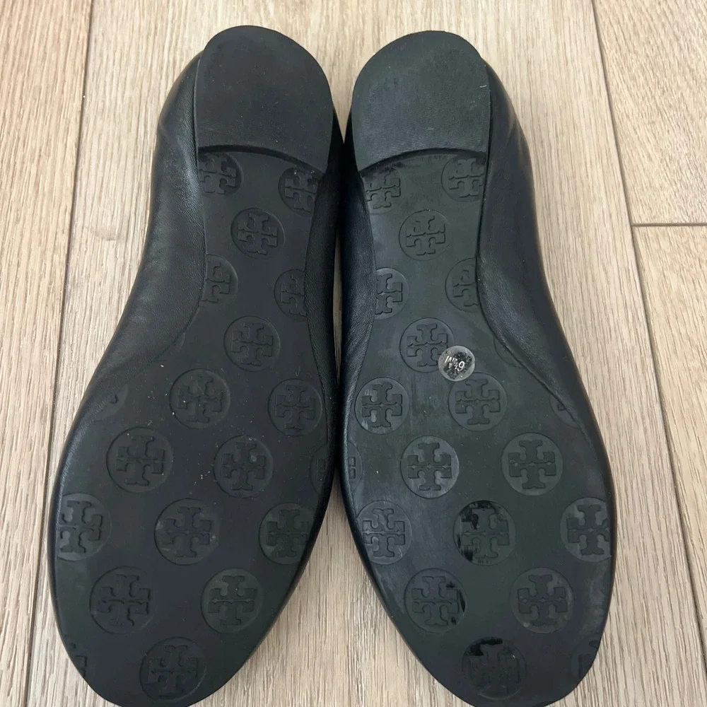 Tory Burch Minnie Travel Ballet Flats Black Leather Gold Logo Women's 6.5M